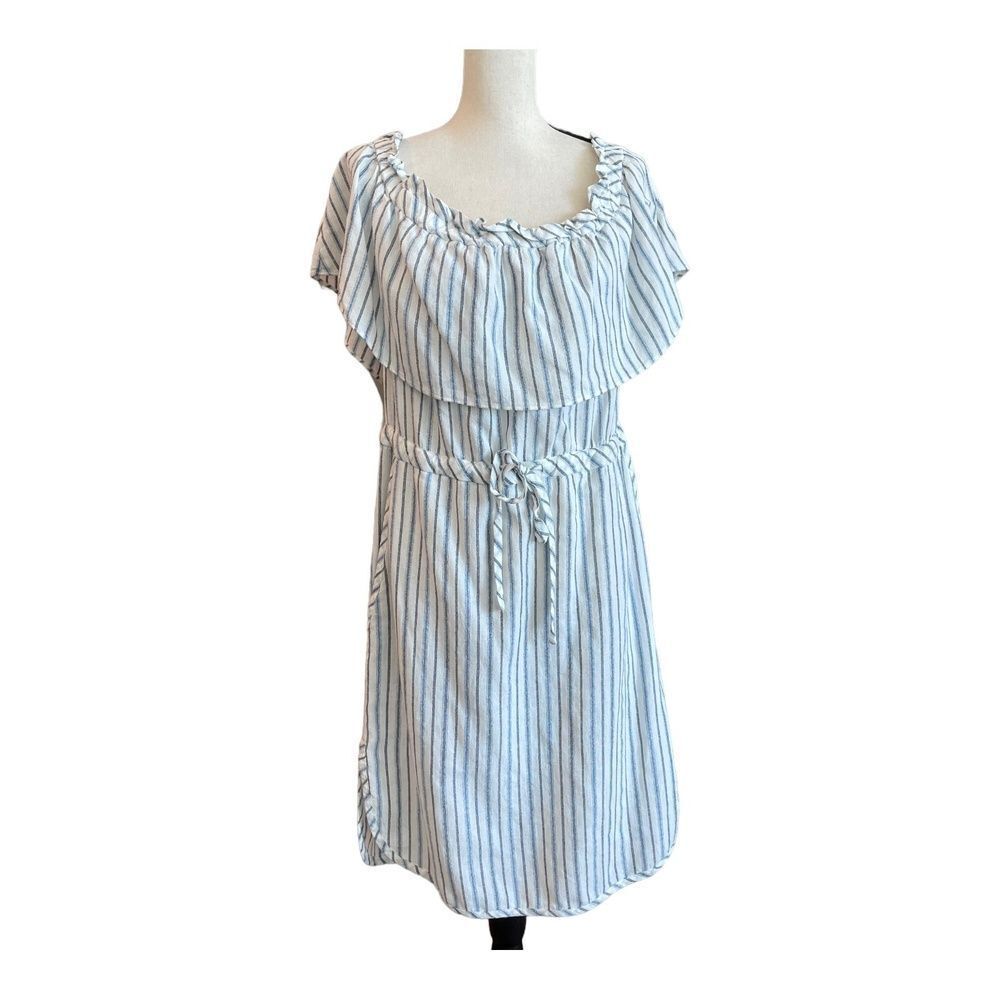 BCBGMaxAzria Womens Alexis Striped Off-the-Shoulder Dress White Blue Midi L
